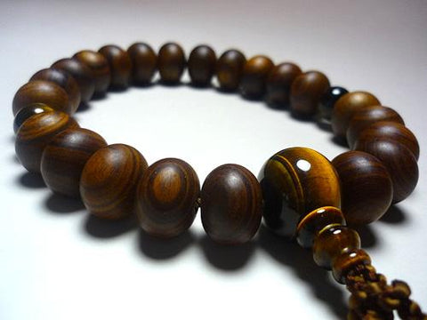 Men's Prayer Beads, Sendan Wood, 22 Flat Beads, Tiger's Eye Oval Bead Finish, Dark Brown Tassel