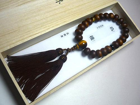 Men's Prayer Beads, Sendan Wood, 22 Flat Beads, Tiger's Eye Oval Bead Finish, Dark Brown Tassel