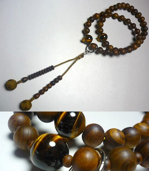 Men's Prayer Beads, Sendan Wood, Tiger's Eye Finish, Jodo Sect, Beach Rose Tassel