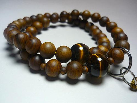 Men's Prayer Beads, Sendan Wood, Tiger's Eye Finish, Jodo Sect, Beach Rose Tassel