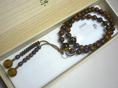 Men's Prayer Beads, Sendan Wood, Tiger's Eye Finish, Jodo Sect, Beach Rose Tassel