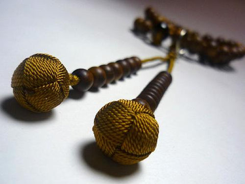 Men's Prayer Beads, Sendan Wood, Tiger's Eye Finish, Jodo Sect, Beach Rose Tassel