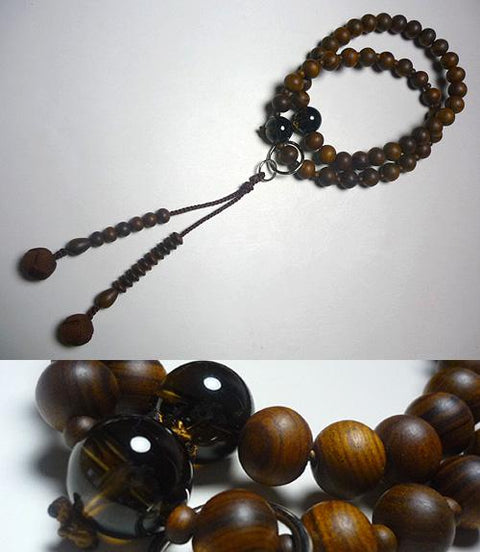 Men's Prayer Beads, Sendan Wood, Smoky Quartz Finish, Jodo Sect, Dark Brown Tassel