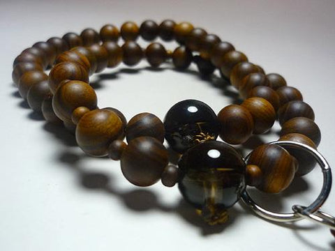 Men's Prayer Beads, Sendan Wood, Smoky Quartz Finish, Jodo Sect, Dark Brown Tassel