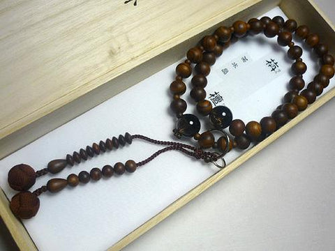Men's Prayer Beads, Sendan Wood, Smoky Quartz Finish, Jodo Sect, Dark Brown Tassel