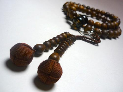 Men's Prayer Beads, Sendan Wood, Smoky Quartz Finish, Jodo Sect, Dark Brown Tassel