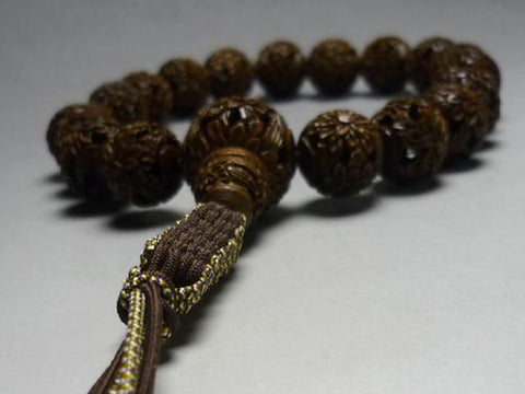 Men's Prayer Beads, Boxwood, Chrysanthemum Carving, 18 Beads, Matching Set, String Tassel
