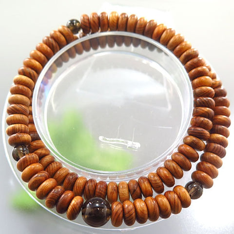 Yakusugi Cedar 108-Bead Double-Wrap Bracelet with Smoky Quartz