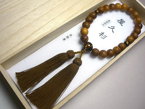 Men's Prayer Beads, Yakusugi Cedar, Tiger's Eye Finish, Rikyu Tassel