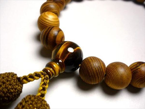 Men's Prayer Beads, Yakusugi Cedar, Tiger's Eye Finish, Rikyu Tassel