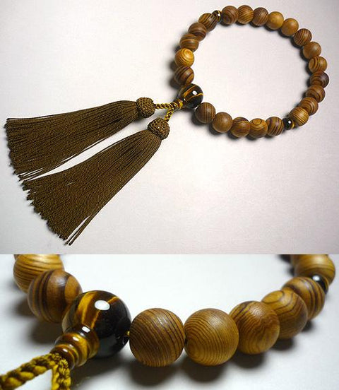 Men's Prayer Beads, Yakusugi Cedar, Tiger's Eye Finish, Rikyu Tassel