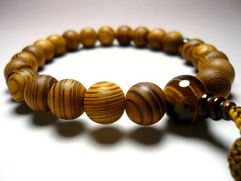 Men's Prayer Beads, Yakusugi Cedar, Tiger's Eye Finish, Rikyu Tassel