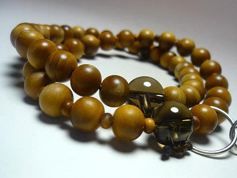 Men's Prayer Beads, Sandalwood (India), Smoky Quartz Finish, Jodo Sect, Dark Brown Tassel