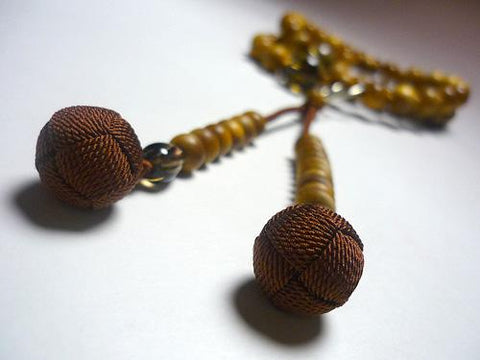 Men's Prayer Beads, Sandalwood (India), Smoky Quartz Finish, Jodo Sect, Dark Brown Tassel