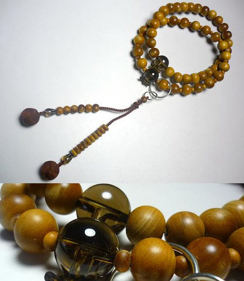 Men's Prayer Beads, Sandalwood (India), Smoky Quartz Finish, Jodo Sect, Dark Brown Tassel