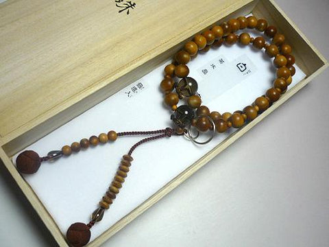 Men's Prayer Beads, Sandalwood (India), Smoky Quartz Finish, Jodo Sect, Dark Brown Tassel