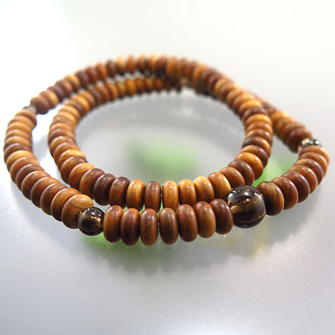 Sandalwood 108-Bead Double-Wrap Bracelet with Smoky Quartz