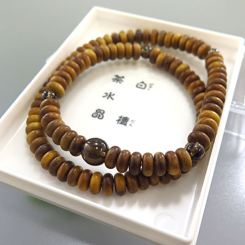 Sandalwood 108-Bead Double-Wrap Bracelet with Smoky Quartz