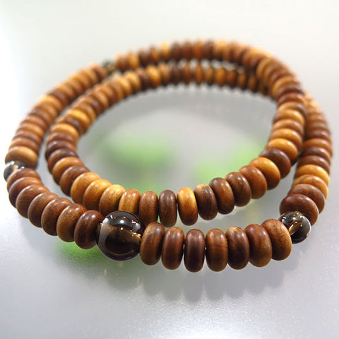 Sandalwood 108-Bead Double-Wrap Bracelet with Smoky Quartz