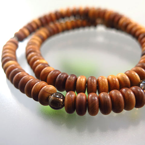 Sandalwood 108-Bead Double-Wrap Bracelet with Smoky Quartz