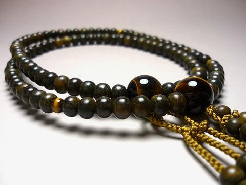 Men's Prayer Beads, Green Sandalwood, Nichiren Sect, Tiger's Eye Finish