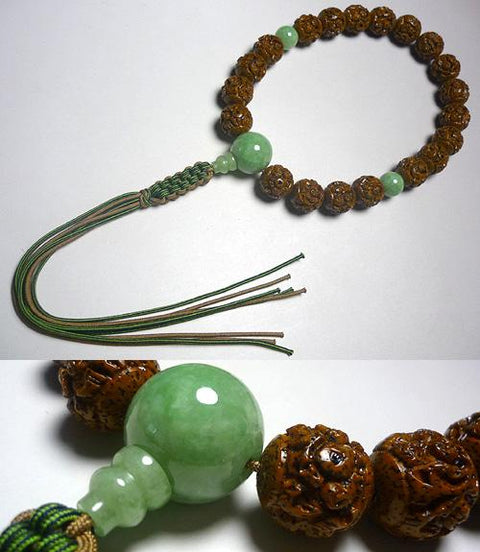 Men's Prayer Beads, Carved Arhat, Longan Bodhi Seed, Burmese Jade Finish, Limited Edition