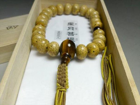 Men's Prayer Beads, Hainan Starry Moon Bodhi Seed, Oval Bead, 24 Beads, Tiger's Eye Finish, String Tassel