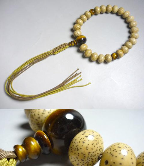 Men's Prayer Beads, Hainan Starry Moon Bodhi Seed, Oval Bead, 24 Beads, Tiger's Eye Finish, String Tassel