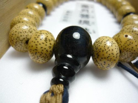 Men's Prayer Beads, Hainan Starry Moon Bodhi Seed, Oval Bead, 24 Beads, Blue Tiger's Eye Finish, String Tassel