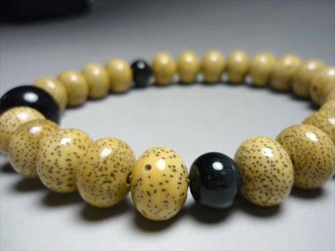Men's Prayer Beads, Hainan Starry Moon Bodhi Seed, Oval Bead, 24 Beads, Blue Tiger's Eye Finish, String Tassel