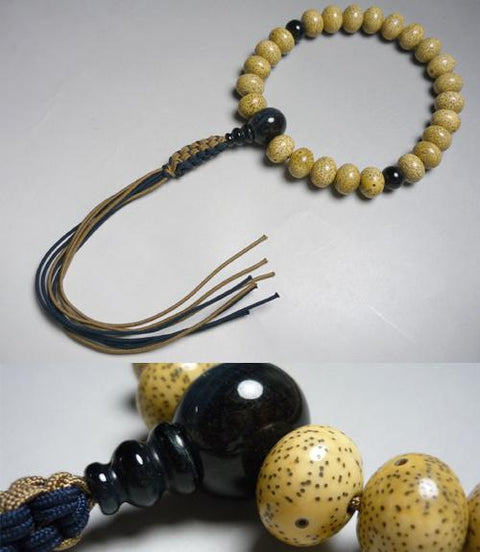 Men's Prayer Beads, Hainan Starry Moon Bodhi Seed, Oval Bead, 24 Beads, Blue Tiger's Eye Finish, String Tassel