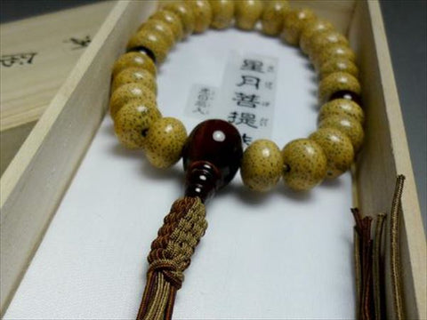 Men's Prayer Beads, Hainan Starry Moon Bodhi Seed, Oval Bead, 24 Beads, Red Tiger's Eye Finish, String Tassel