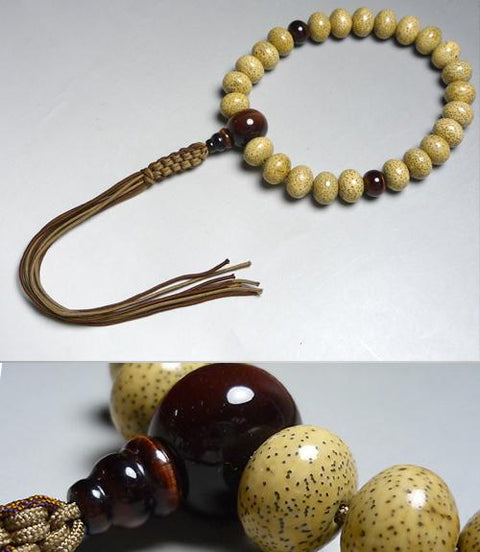 Men's Prayer Beads, Hainan Starry Moon Bodhi Seed, Oval Bead, 24 Beads, Red Tiger's Eye Finish, String Tassel