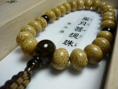 Men's Prayer Beads, Hainan Starry Moon Bodhi Seed, Oval Bead, 24 Beads, Brown Crystal Finish, String Tassel