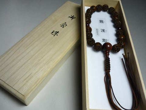 Men's Prayer Beads, Indian Dragon Eye Bodhi Seed, Arhat Carving, 18 Beads, Red Tiger's Eye Finish, String Tassel