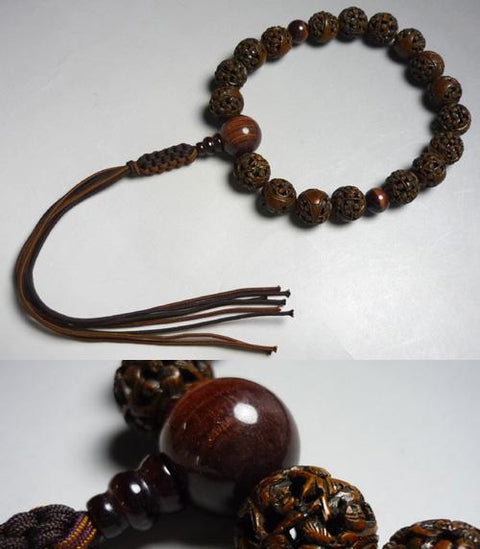 Men's Prayer Beads, Indian Dragon Eye Bodhi Seed, Arhat Carving, 18 Beads, Red Tiger's Eye Finish, String Tassel