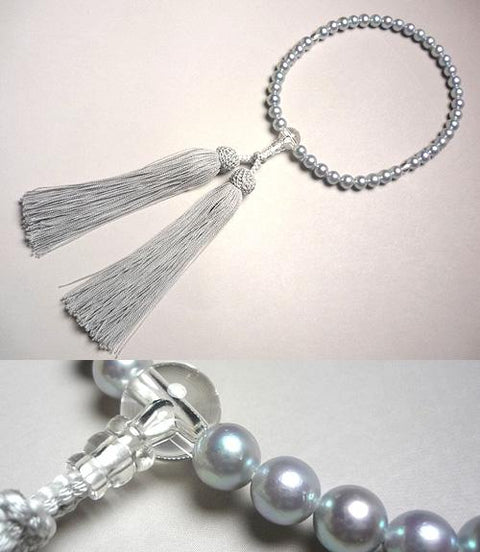 Women's Genuine Pearl Prayer Beads, Crystal Finish, Silver-White