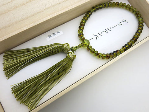 Women's Green Amber Prayer Beads, Oval Bead, Flower Tassel
