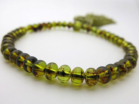 Women's Green Amber Prayer Beads, Oval Bead, Flower Tassel
