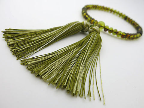 Women's Green Amber Prayer Beads, Oval Bead, Flower Tassel