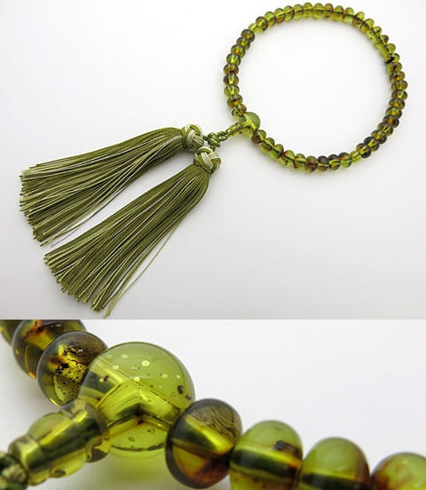 Women's Green Amber Prayer Beads, Oval Bead, Flower Tassel