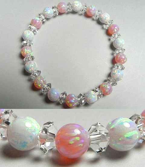 Kyoto opal pink 7mm bead bracelet, quartz cut-glass combination