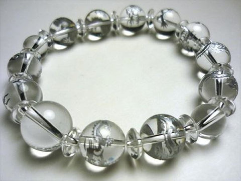 Crystal round bead bracelet 12mm, silver dragon engraving, matching set