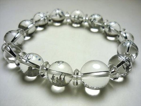 Crystal round bead bracelet 12mm, silver dragon engraving, matching set