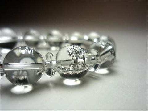 Crystal round bead bracelet 12mm, silver dragon engraving, matching set