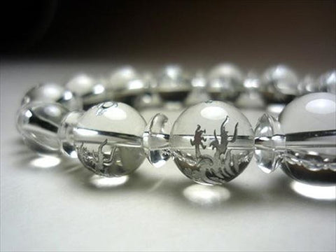 Crystal round bead bracelet 12mm, silver dragon engraving, matching set