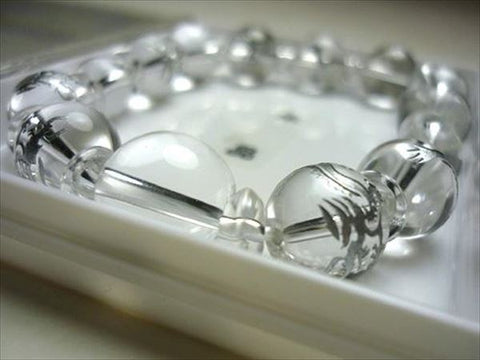 Crystal round bead bracelet 12mm, silver dragon engraving, matching set