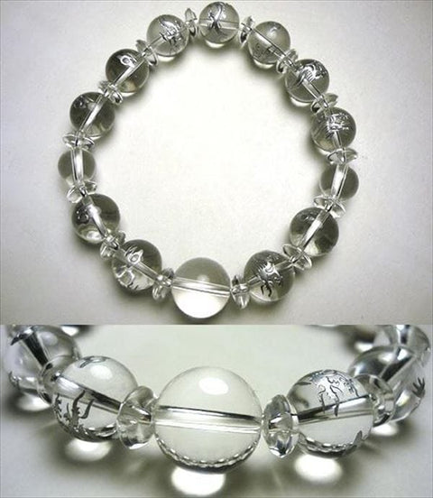 Crystal round bead bracelet 12mm, silver dragon engraving, matching set