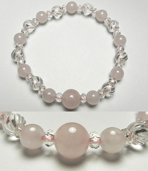 Rose Quartz Bracelet, 7mm Beads, Spiral-Cut Crystal Accent