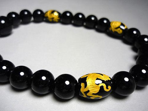 Men's Prayer Beads, Black Onyx, Four Guardian Beasts Feng Shui Carving, Matching Set, Gold Lettering